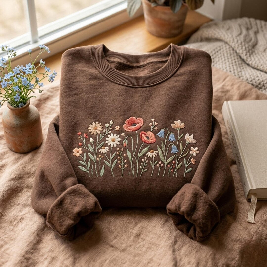 Wildflower Meadow Botanical Cottagecore Floral embroidered sweatshirt — front view