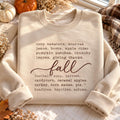 Fall Autumn Favorites Word List Cozy Sweaters Pumpkin Patches embroidered sweatshirt — front view