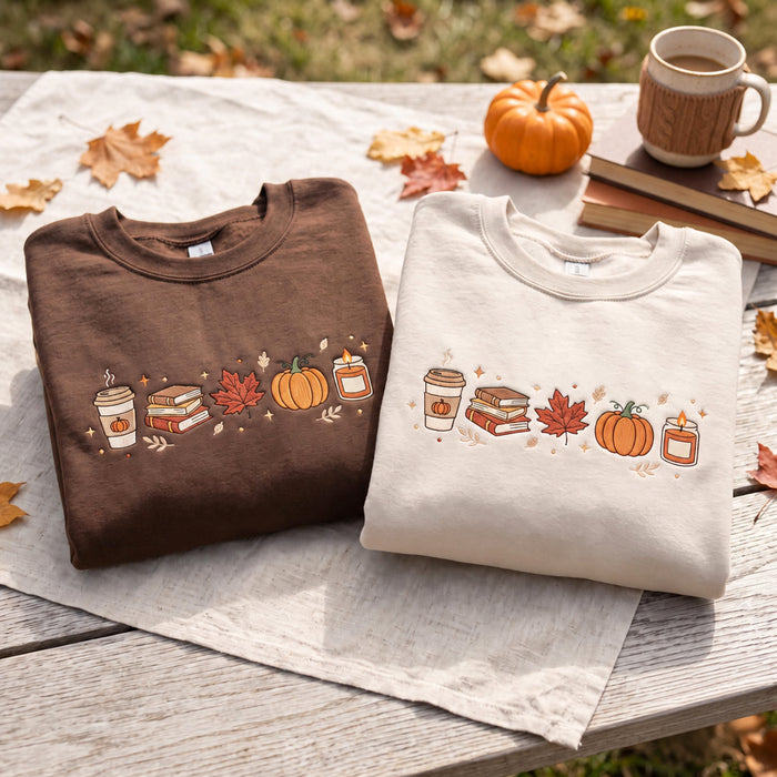 Fall Pumpkin Coffee Books Maple Leaf Candle Autumn Embroidered Sweatshirt