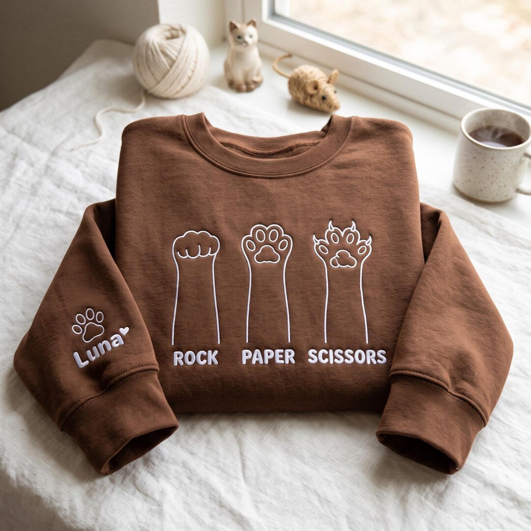 Personalized Cat Paw Rock Paper Scissors Funny Pet Name Sleeve embroidered sweatshirt — front view