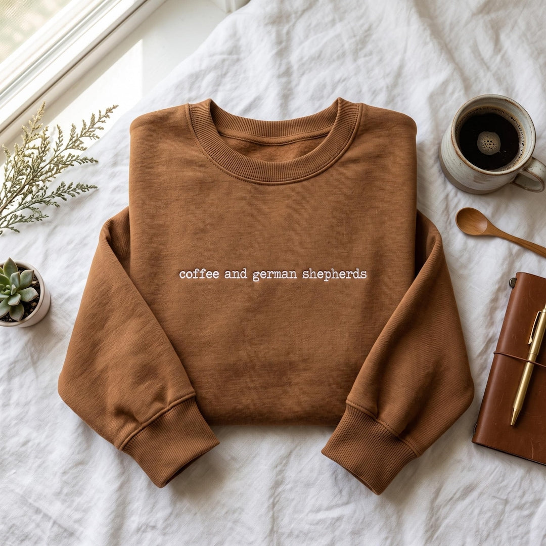 Coffee and German Shepherds Dog Lover Minimalist Text embroidered sweatshirt — front view