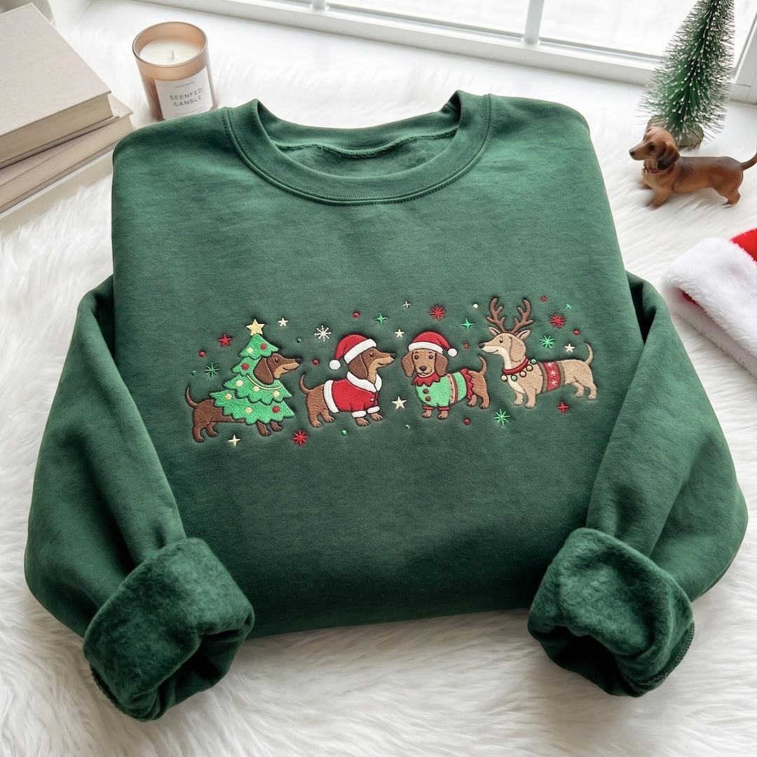 Christmas Dachshund Santa Reindeer Elf Festive Dogs Holiday embroidered sweatshirt — front view