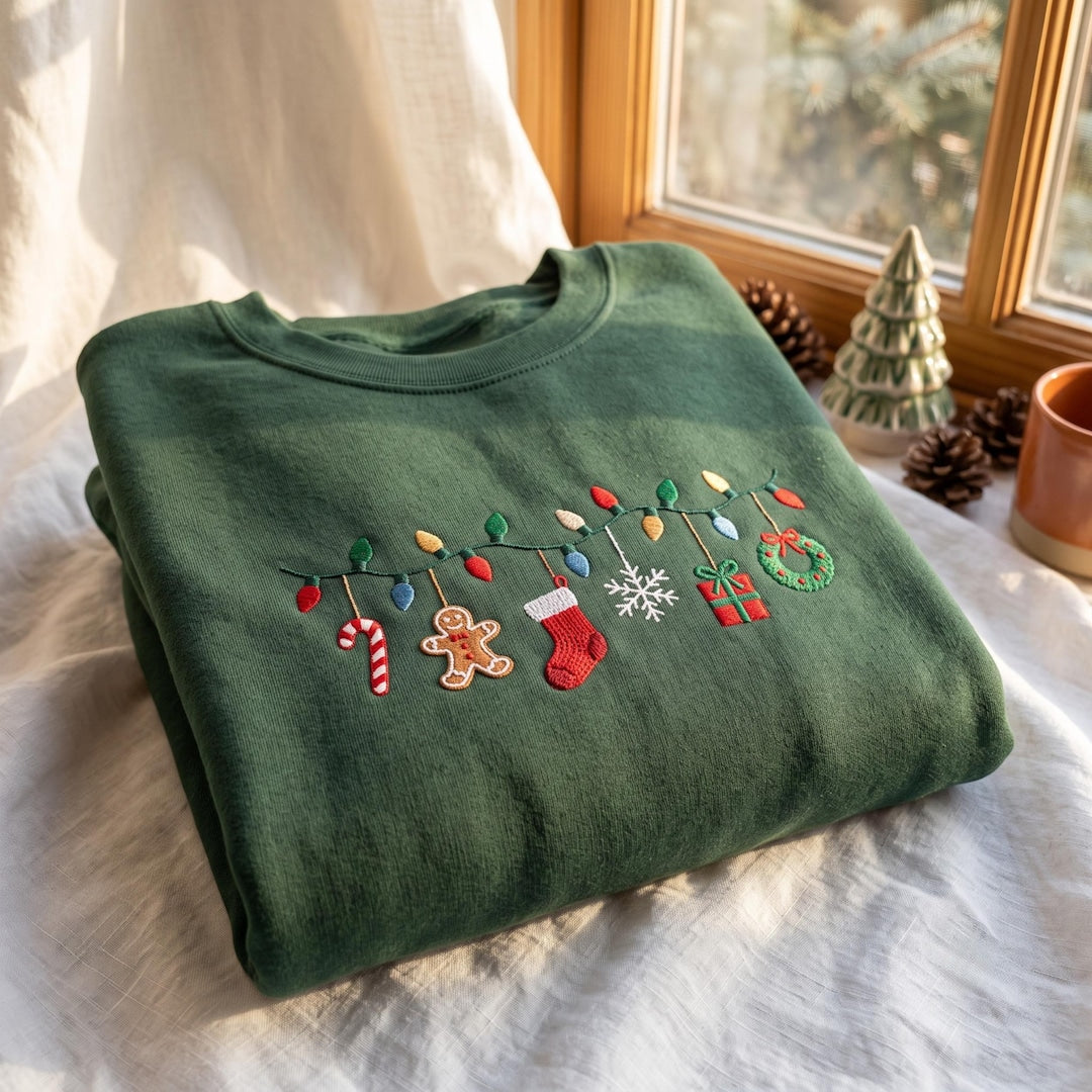 Christmas Lights Garland Gingerbread Candy Cane Stocking Snowflake Gift Wreath embroidered sweatshirt — front view