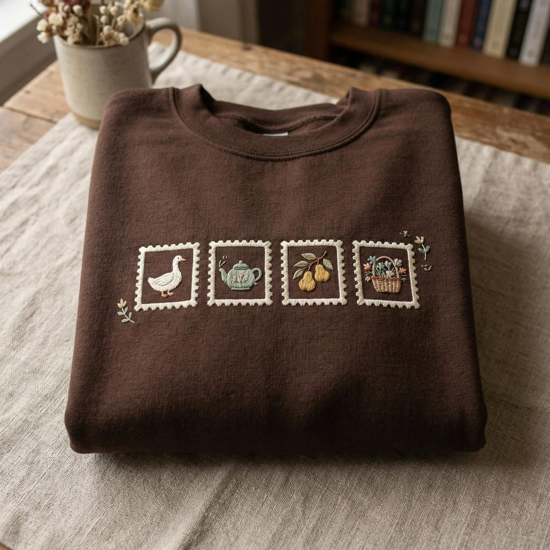 Cottagecore Goose Teapot Pears Flower Basket Postage Stamp embroidered sweatshirt — front view