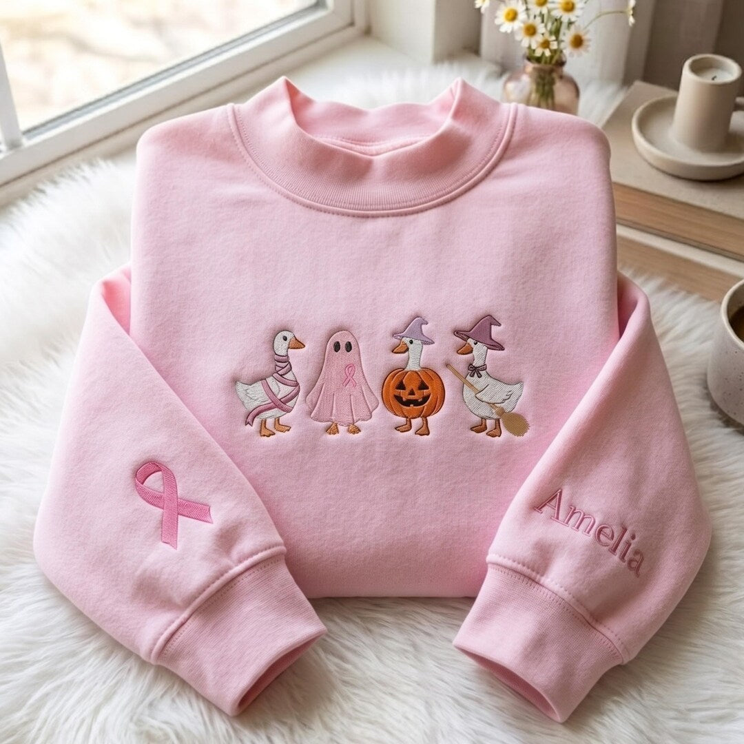 Personalized Halloween Goose Ghost Pumpkin Witch Breast Cancer Pink Ribbon embroidered sweatshirt — front view
