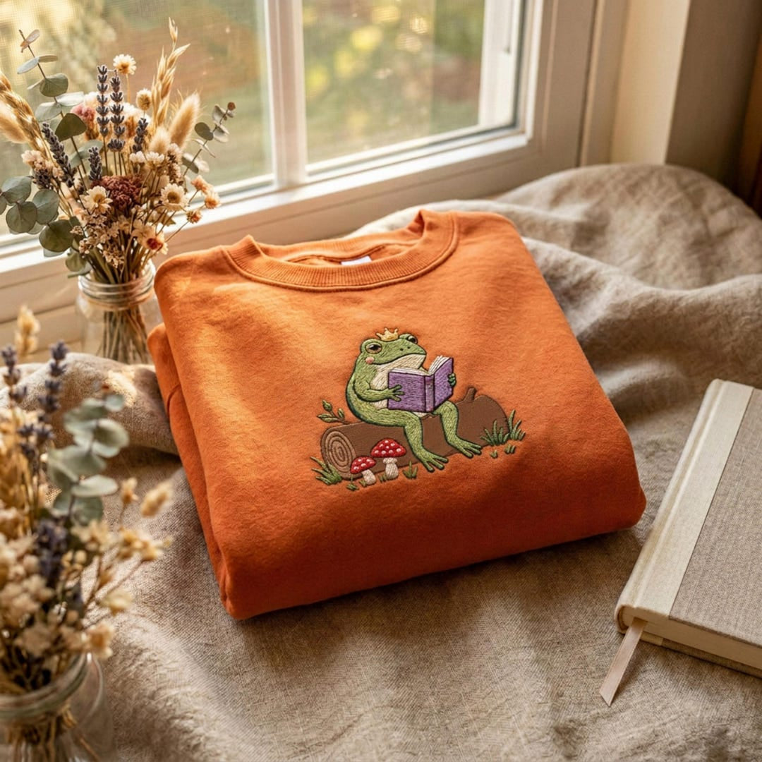 Frog Prince Reading Book Mushroom Log Cottagecore embroidered sweatshirt — front view