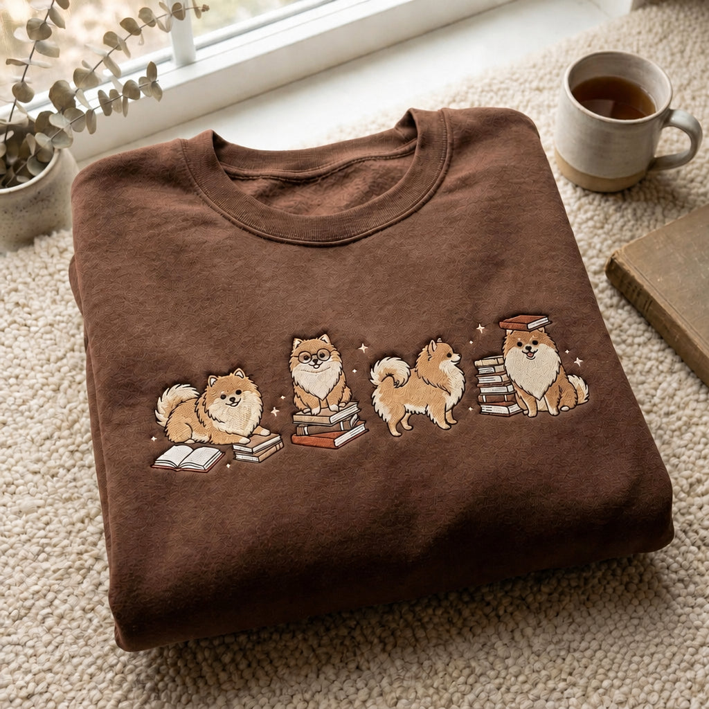 Pomeranian Book Lover Four Poses Reading Dog embroidered sweatshirt — front view