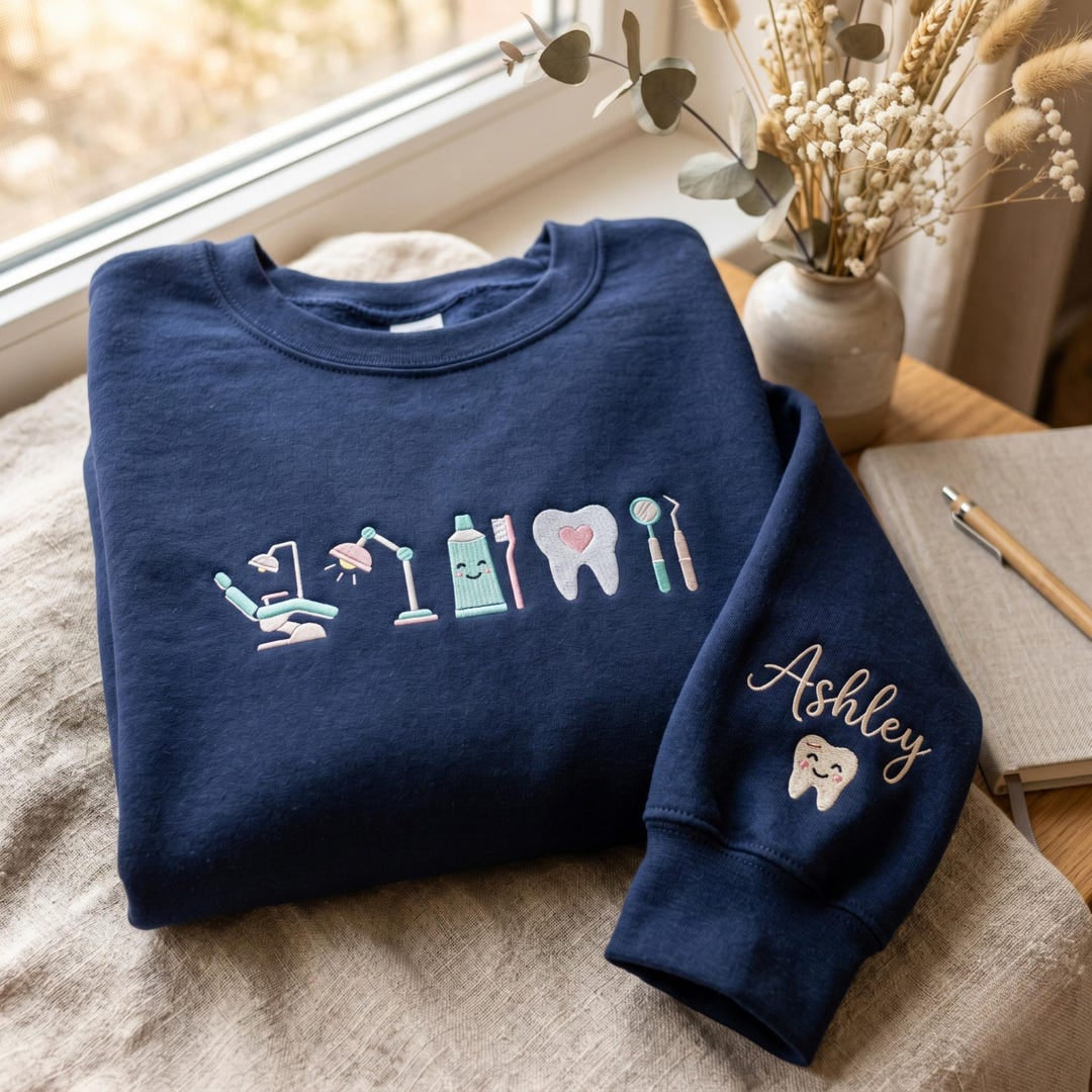 Personalized Dentist Dental Tools Cute Tooth Heart embroidered sweatshirt — front view