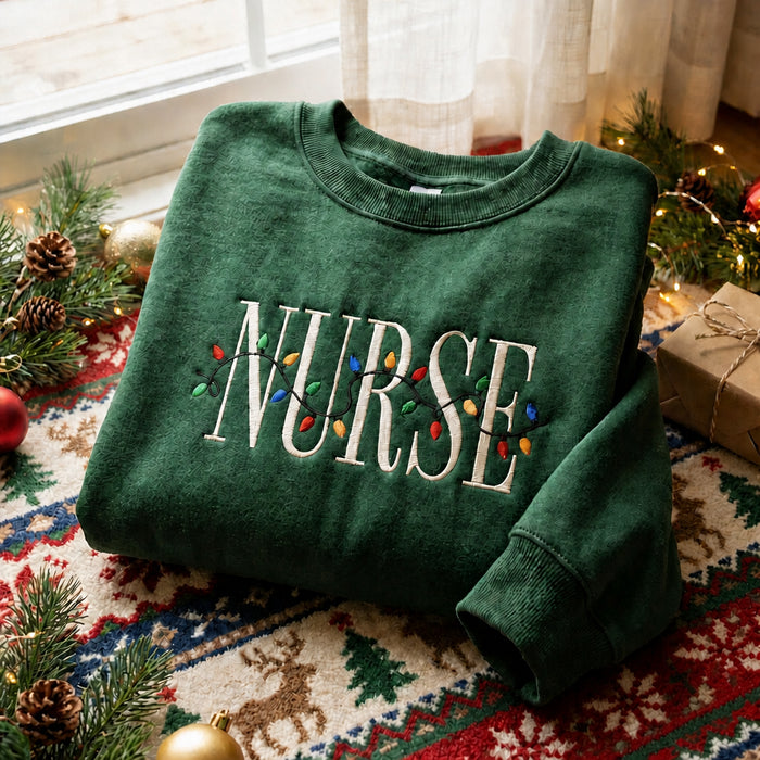 Christmas Nurse Holiday Lights String Embroidered Sweatshirt