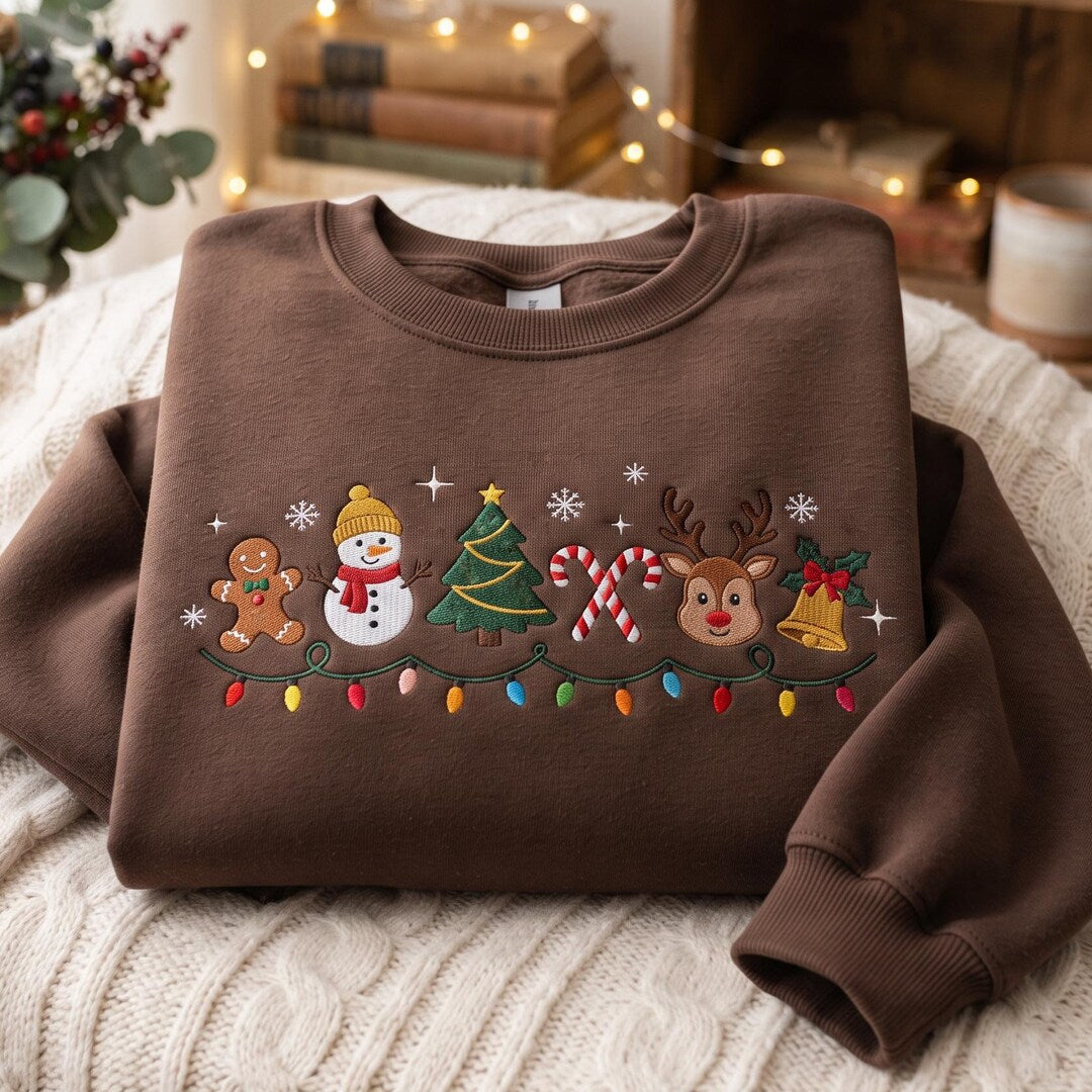 Christmas Gingerbread Snowman Reindeer Christmas Tree Candy Cane Bell String Lights embroidered sweatshirt — front view