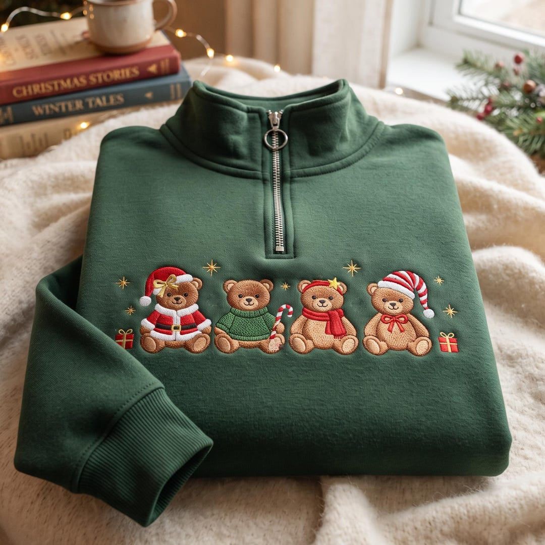 Christmas Teddy Bears Santa Hat Candy Cane Holiday embroidered sweatshirt — front view