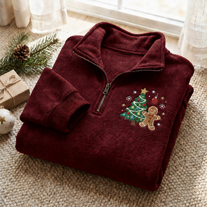 Christmas Gingerbread Man Christmas Tree Snowflakes Stars Ornament Embroidered Quarter-Zip