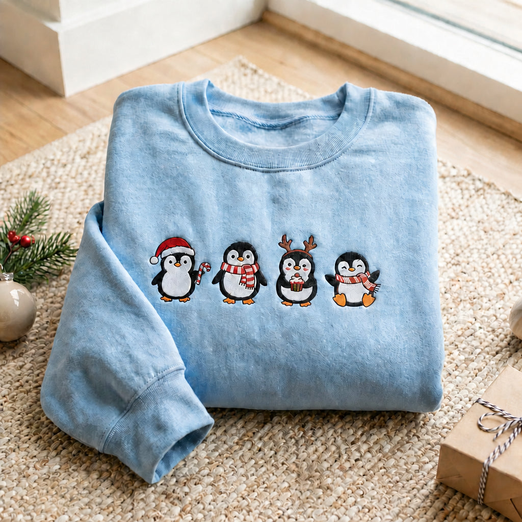 Christmas Penguins Santa Hat Reindeer Antlers Candy Cane Hot Cocoa Holiday embroidered sweatshirt — front view