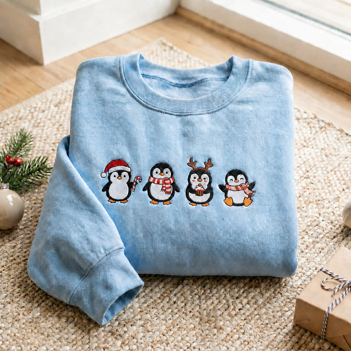 Christmas Penguins Santa Hat Reindeer Antlers Candy Cane Hot Cocoa Holiday Embroidered Sweatshirt