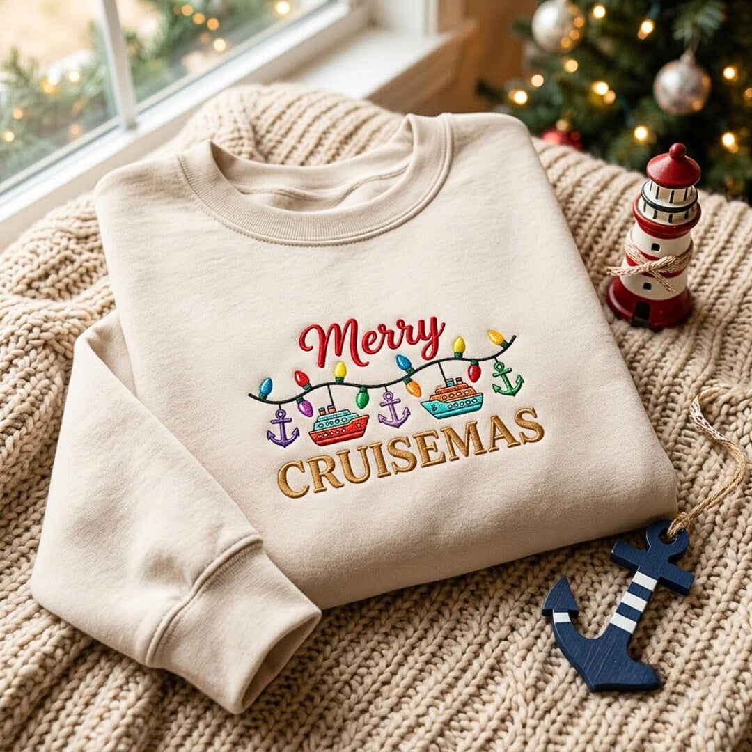 Merry Cruisemas Christmas Lights Cruise Ship Anchor embroidered sweatshirt — front view