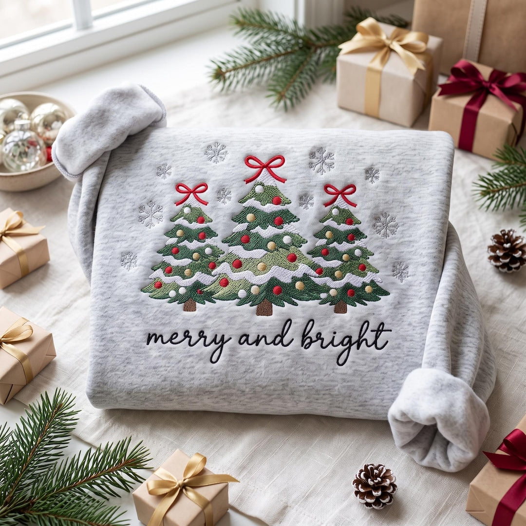 Christmas Three Trees Coquette Bows Ornaments Snowflakes Merry and Bright embroidered sweatshirt — front view