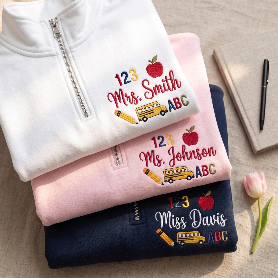 Personalized Teacher Name Apple School Bus Abc 123 embroidered quarter-zip — front view