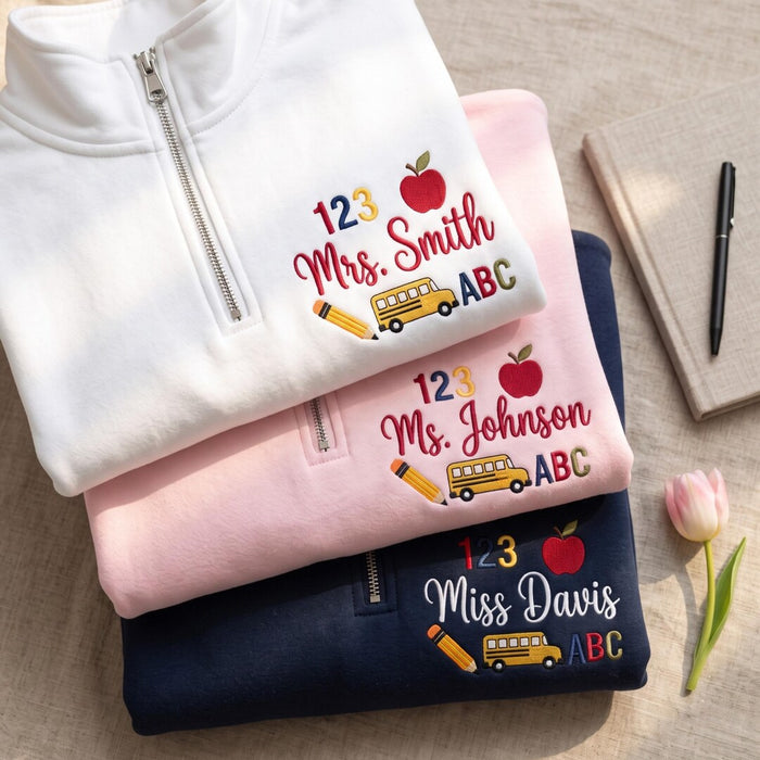 Personalized Teacher Name Apple School Bus Abc 123 Embroidered Quarter-Zip