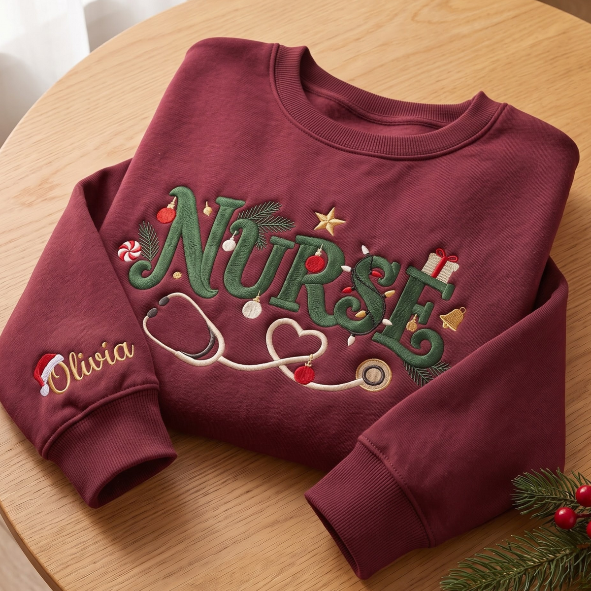 Personalized Christmas Nurse Stethoscope Heart Holiday Ornaments embroidered sweatshirt — front view