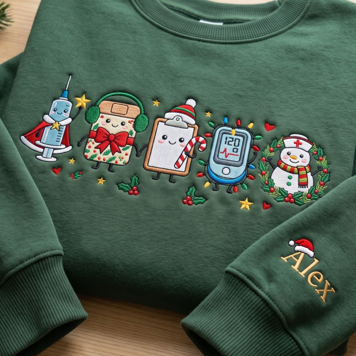 Personalized Christmas Nurse Medical Tools Kawaii Snowman Wreath embroidered sweatshirt — front view