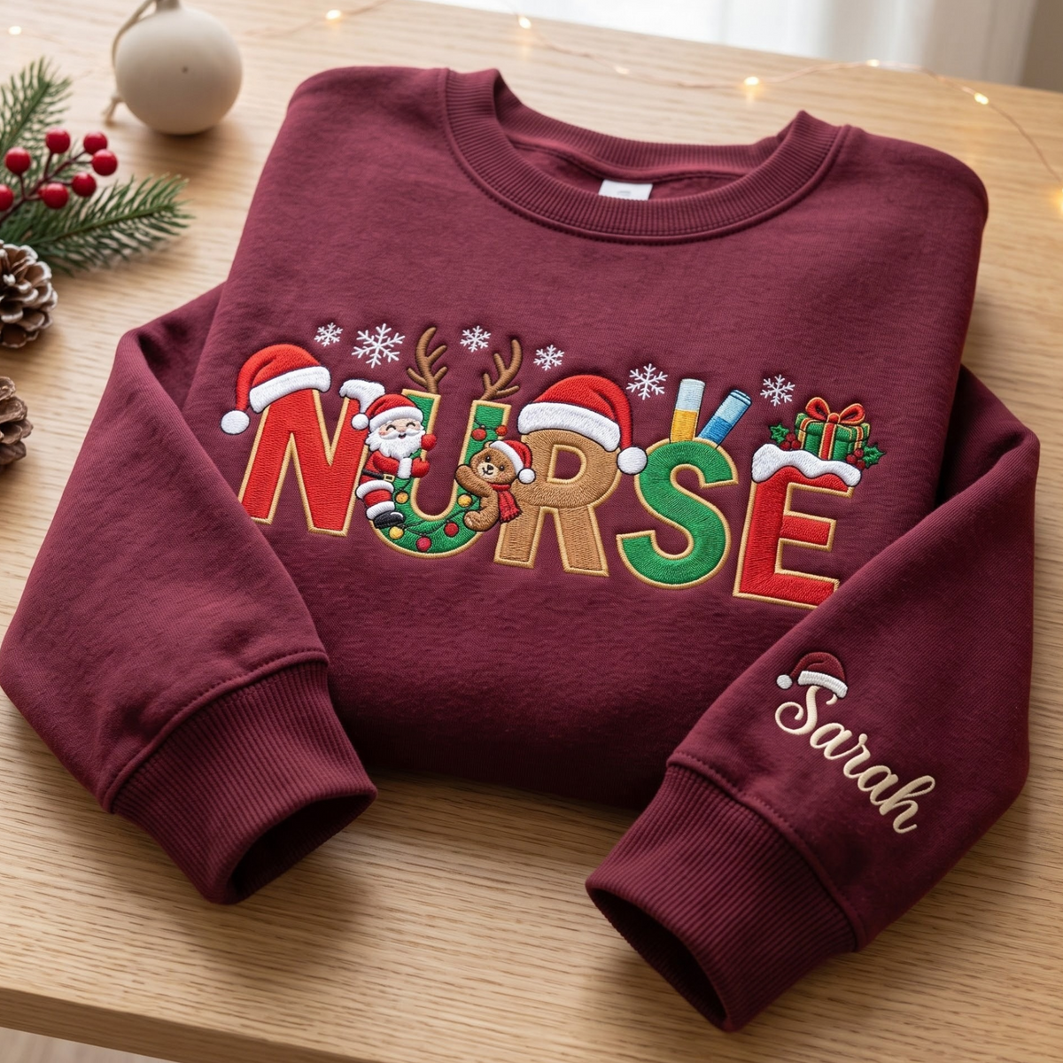 Personalized Christmas Nurse Santa Reindeer Bear Syringe Gift Sleeve Name embroidered sweatshirt — front view