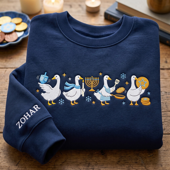 Personalized Hanukkah Geese Dreidel Menorah Latke Gelt Embroidered Sweatshirt