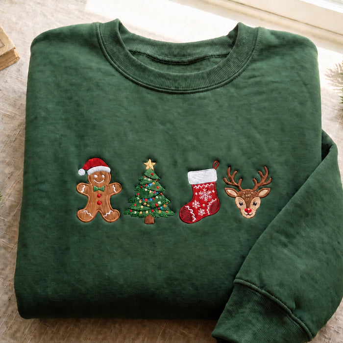 Personalized Christmas Gingerbread Man Tree Stocking Reindeer Custom Name Sleeve Embroidered Sweatshirt