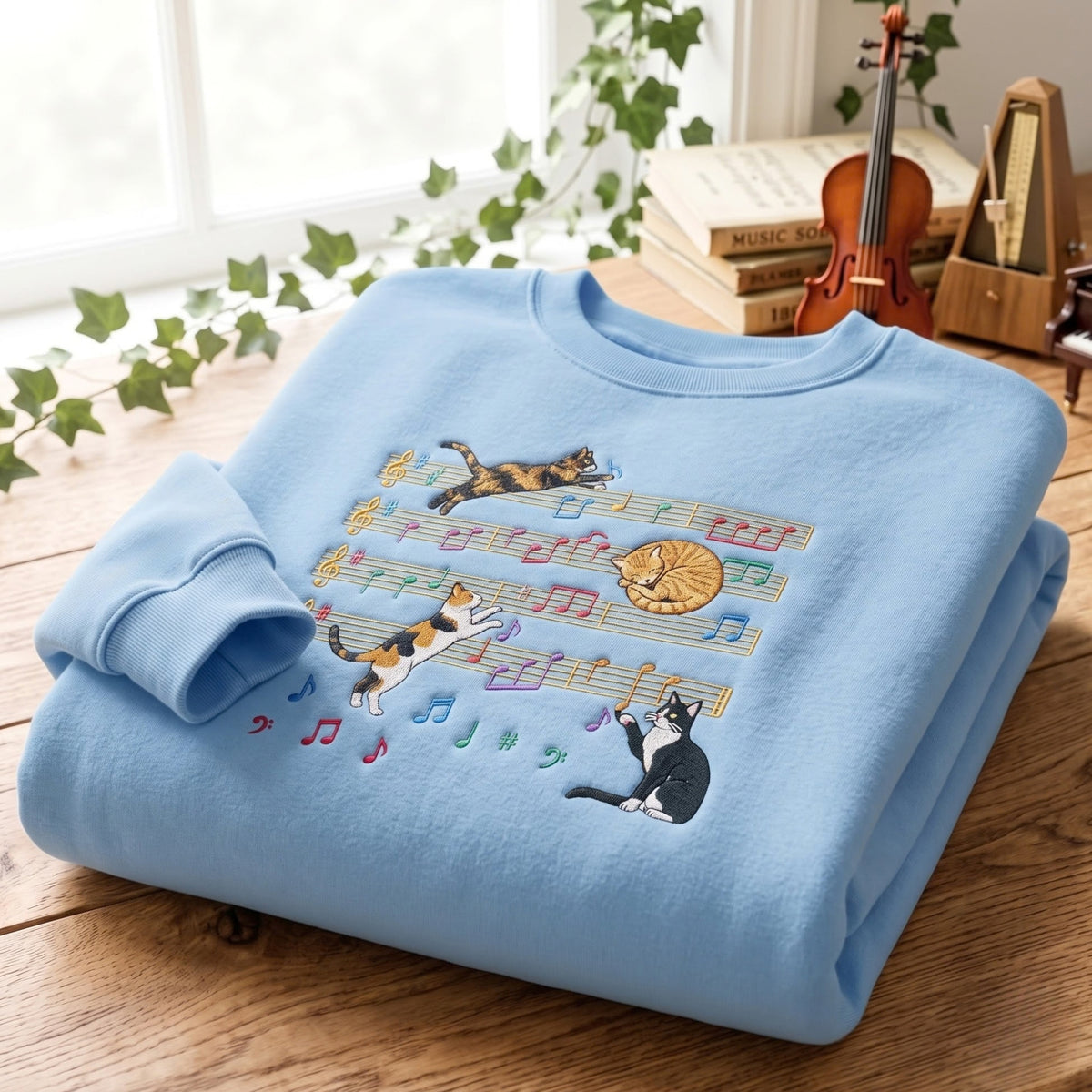 Cats Playing on Music Sheet Staff Notes Colorful embroidered sweatshirt — front view