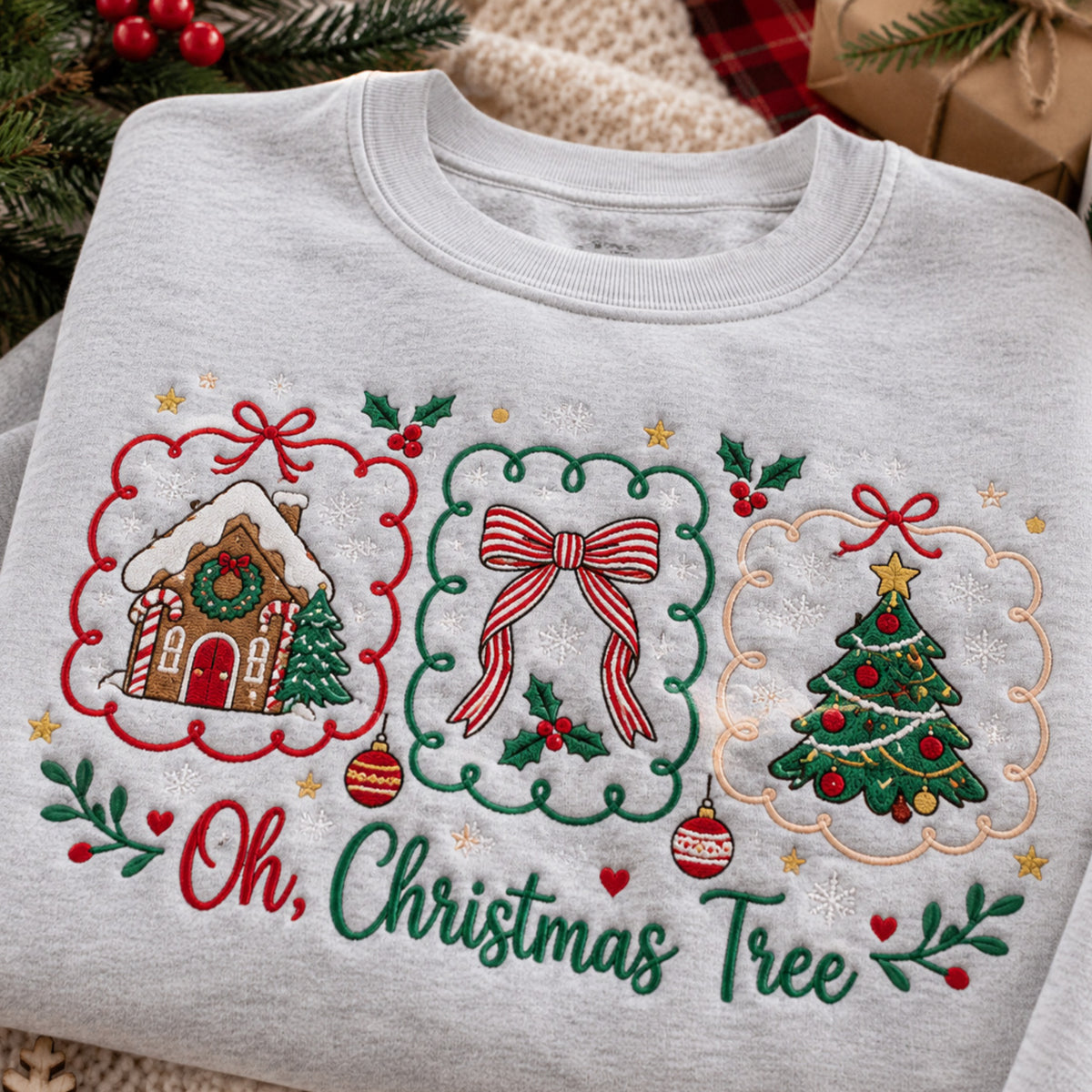 Oh Christmas Tree Gingerbread House Coquette Bow Holiday embroidered sweatshirt — front view