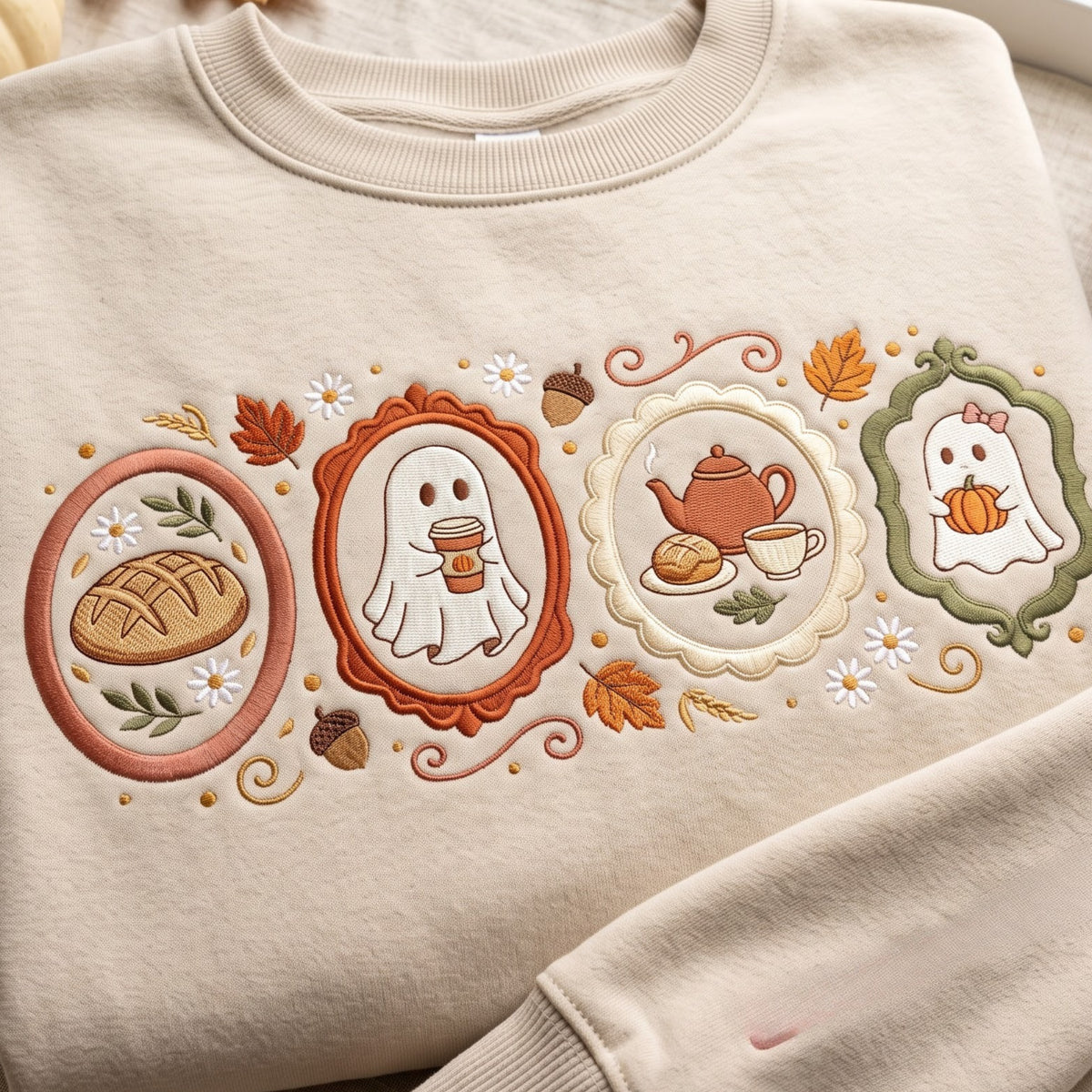 Halloween Autumn Ghost Pumpkin Spice Latte Tea Bread Framed Fall embroidered sweatshirt — front view