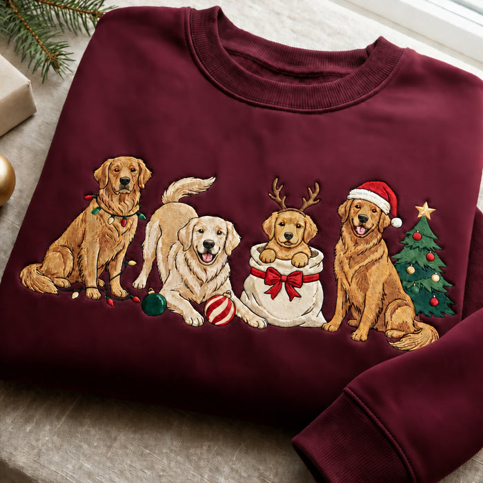 Personalized Christmas Golden Retriever Four Dogs Holiday Lights Santa Hat Tree Embroidered Sweatshirt