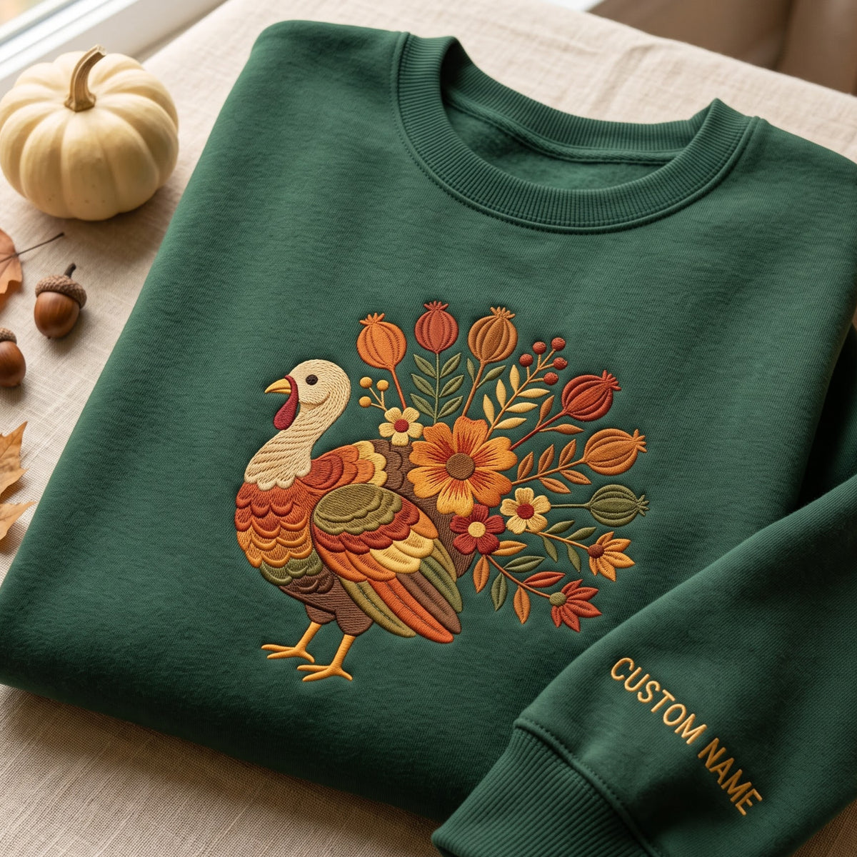 Personalized Thanksgiving Turkey Floral Bouquet Autumn embroidered sweatshirt — front view