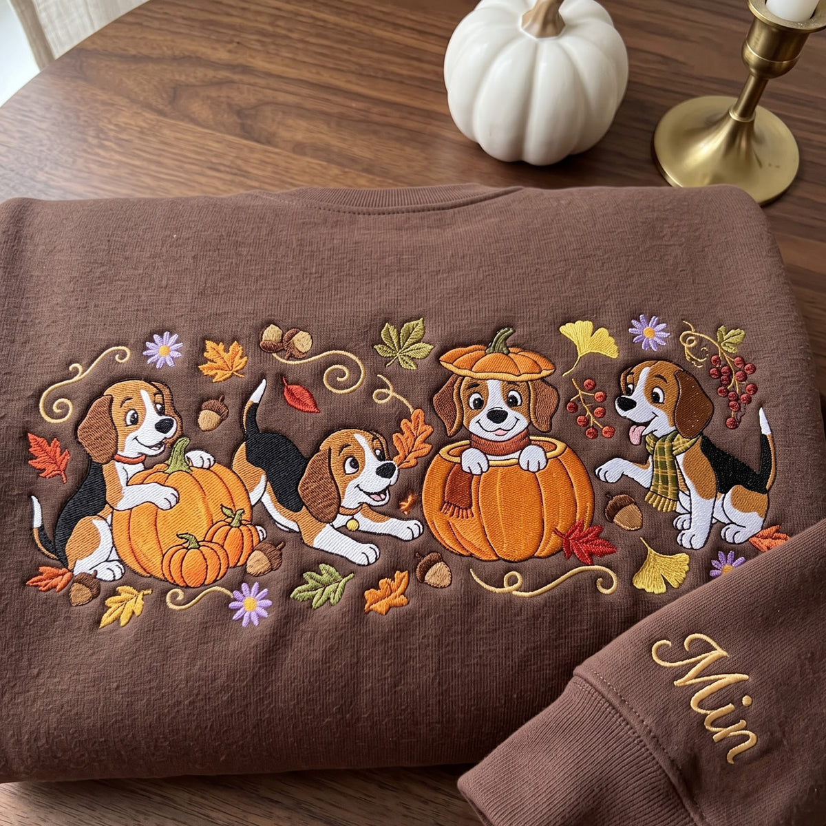 Personalized Fall Beagle Puppies Pumpkin Autumn Leaves Scatter embroidered sweatshirt — front view