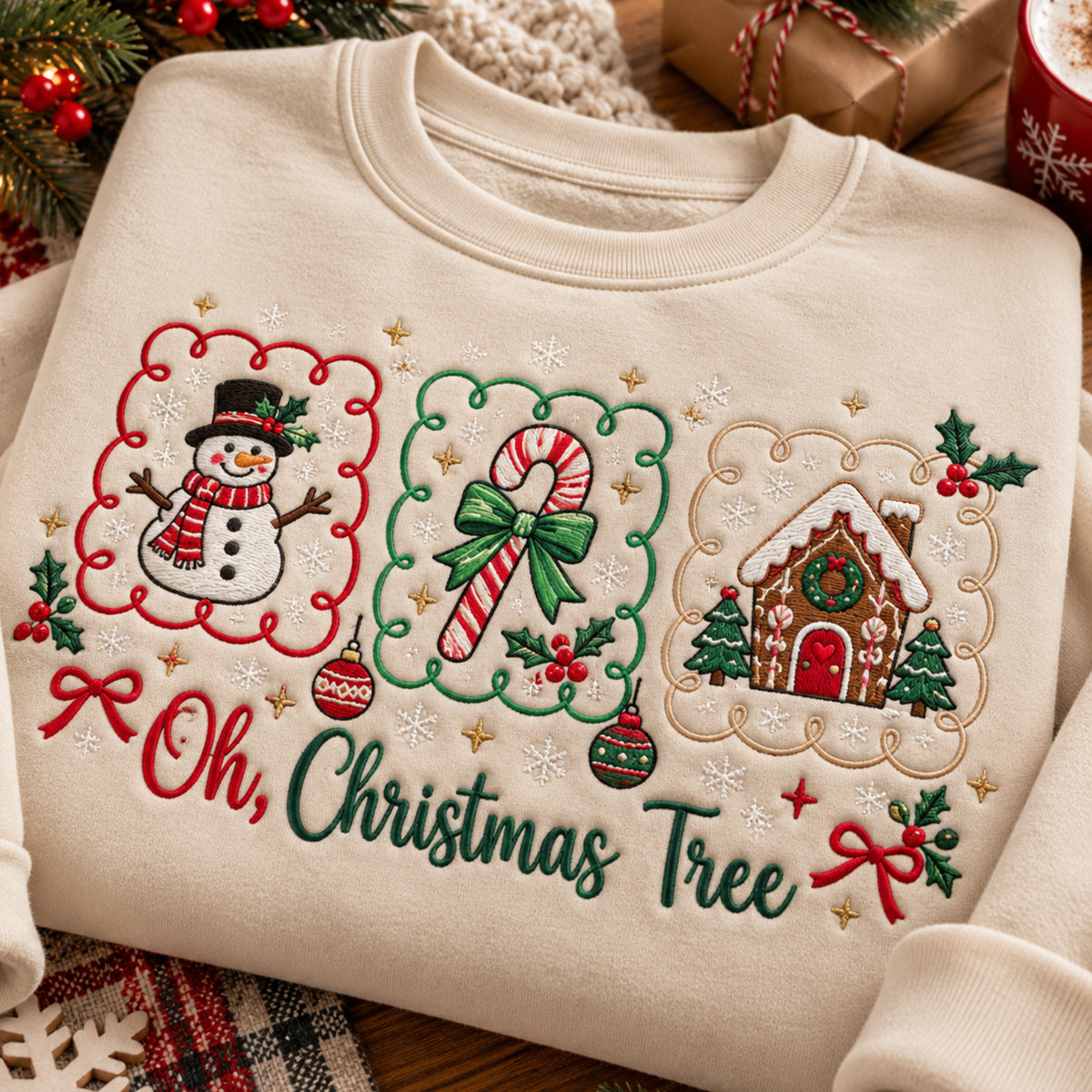 Oh Christmas Tree Snowman Candy Cane Gingerbread House Holiday embroidered sweatshirt — front view