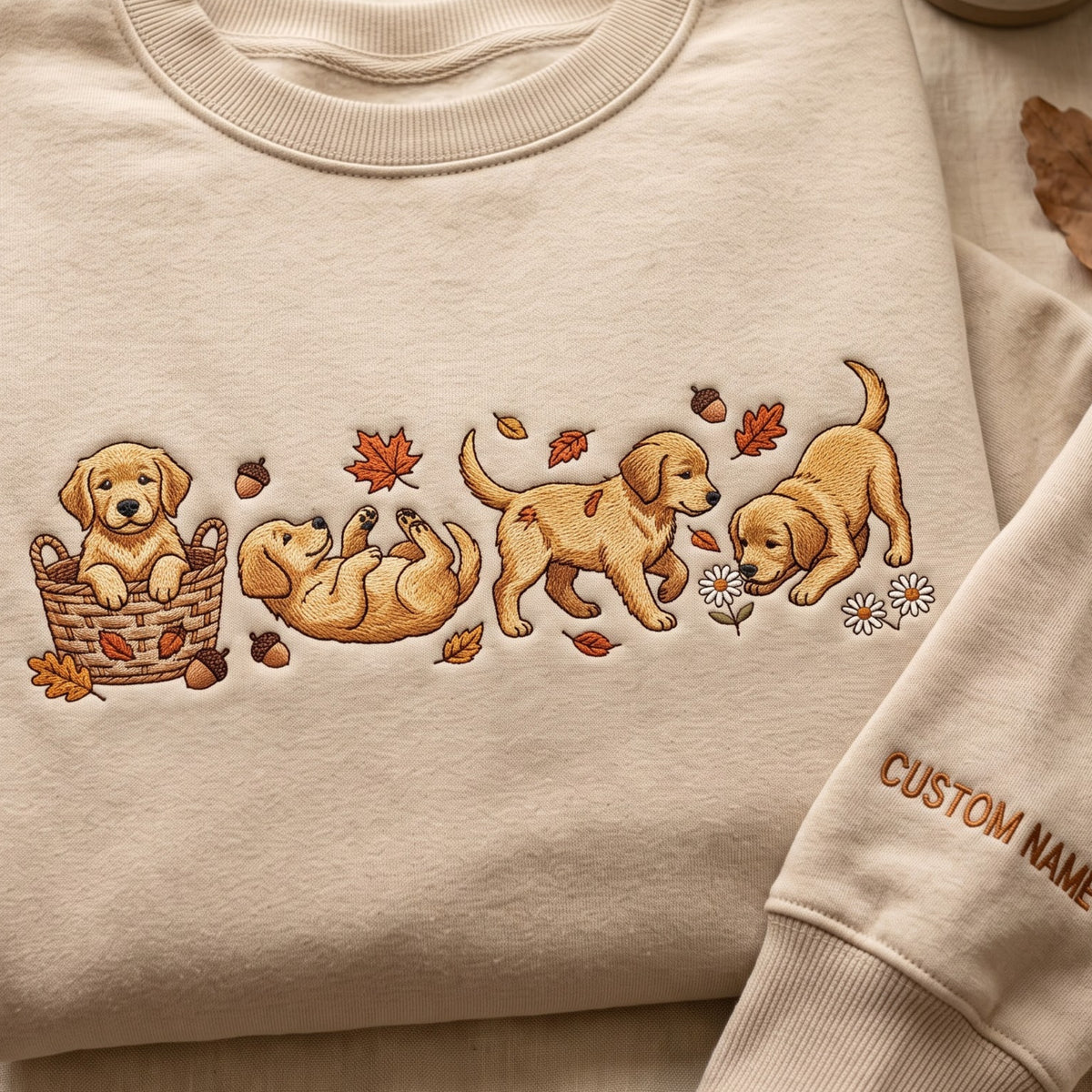 Personalized Fall Golden Retriever Puppies Basket Autumn Leaves Acorns Daisies embroidered sweatshirt — front view
