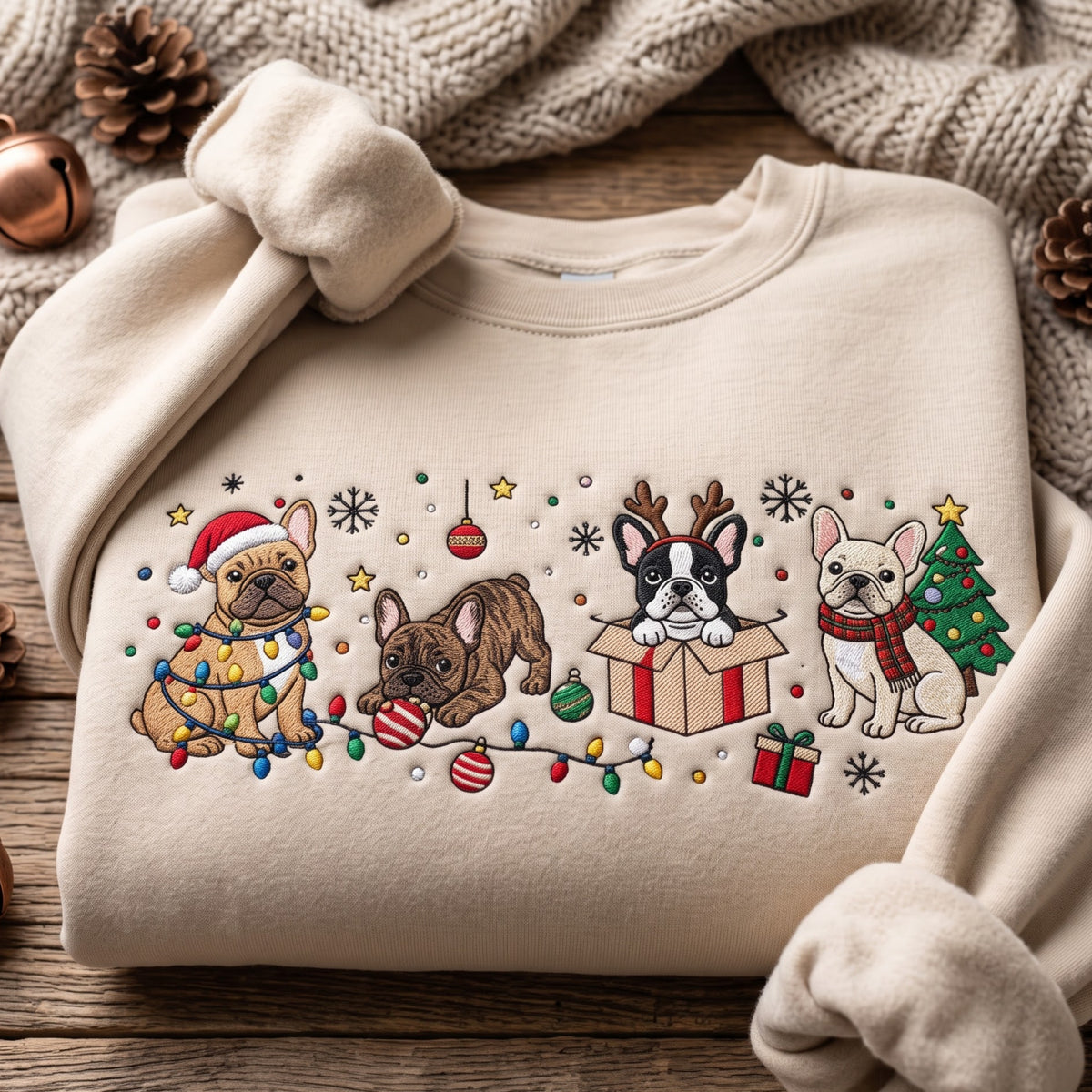 French Bulldog Christmas Santa Hat Reindeer Gift Box Holiday Lights embroidered sweatshirt — front view