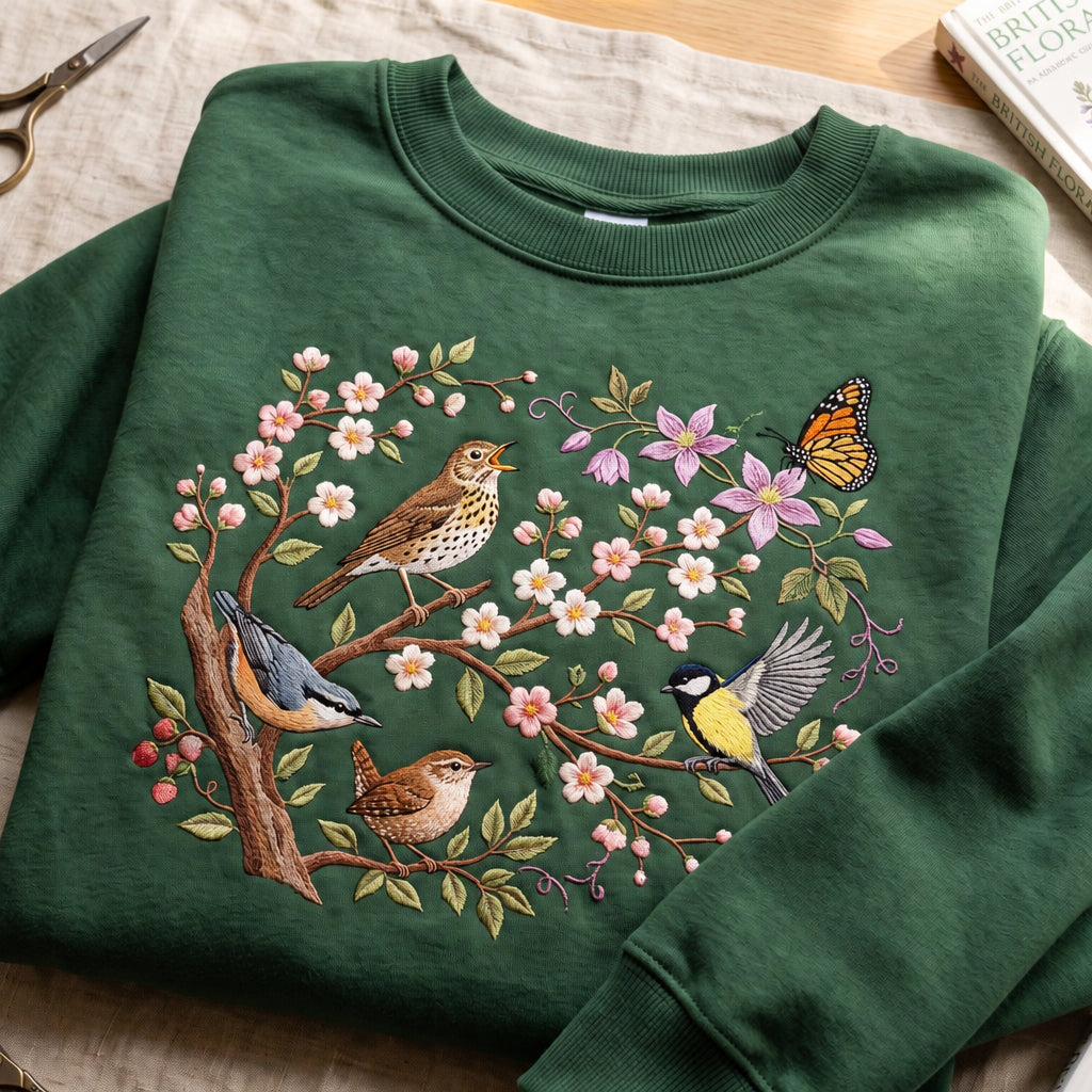 Personalized Spring Birds Cherry Blossom Butterfly Floral Branch embroidered sweatshirt — front view
