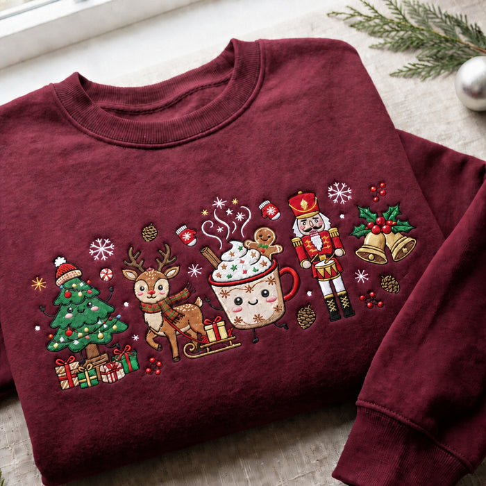 Personalized Christmas Characters Reindeer Nutcracker Hot Cocoa Tree Bells Embroidered Sweatshirt