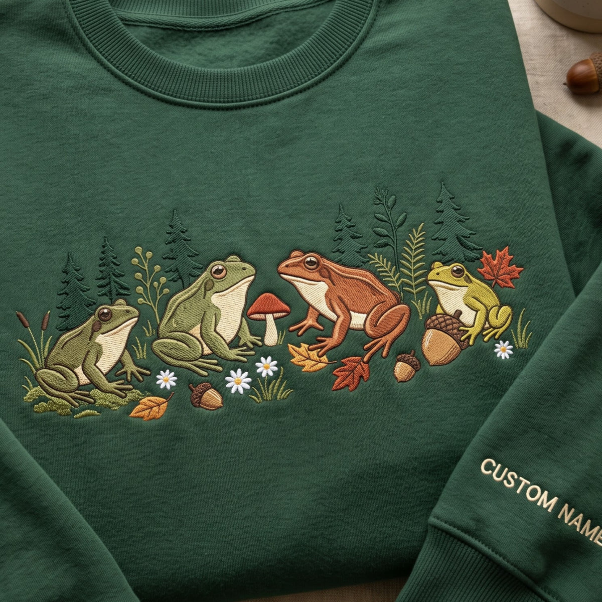 Personalized Autumn Frogs Mushroom Acorn Wildflowers Forest embroidered sweatshirt — front view