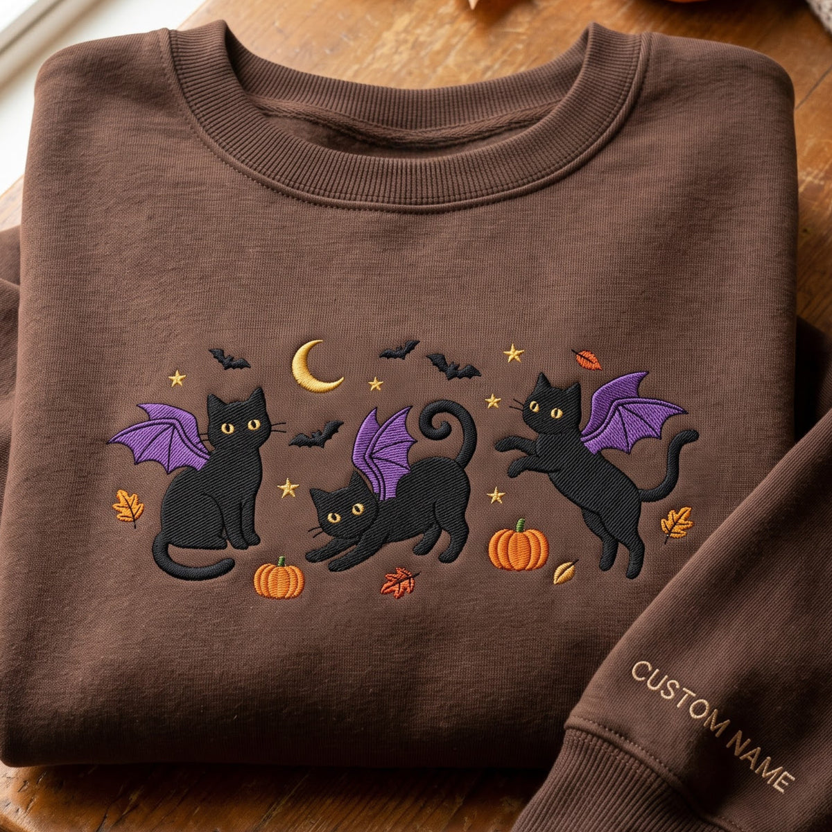 Personalized Halloween Three Black Cats Bat Wings Pumpkins Moon Stars embroidered sweatshirt — front view