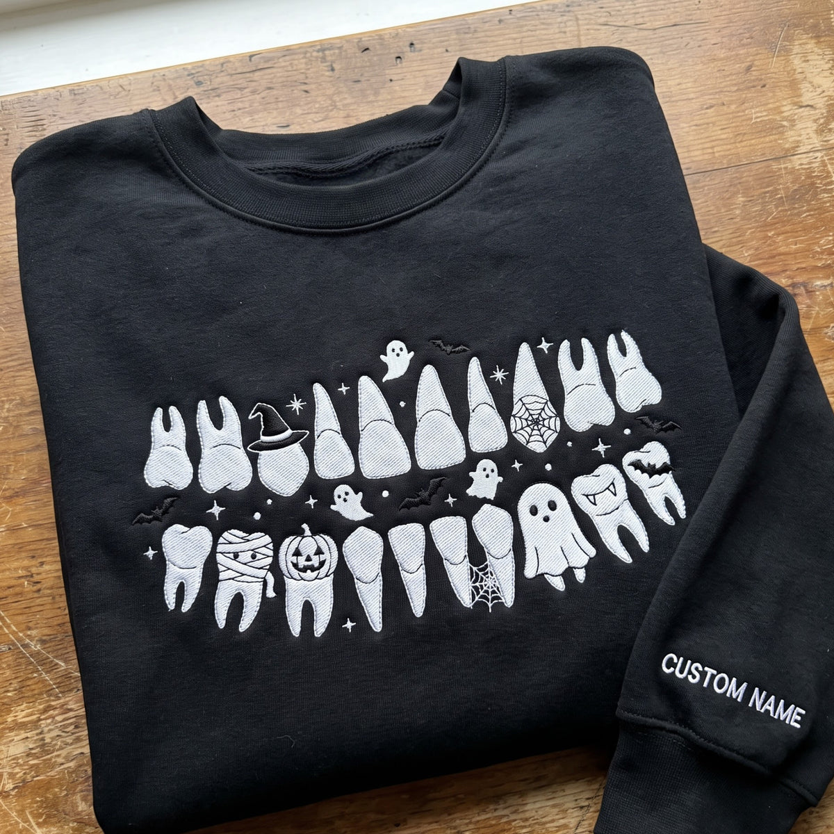 Personalized Halloween Dental Teeth Ghost Pumpkin Mummy Bat Spiderweb embroidered sweatshirt — front view