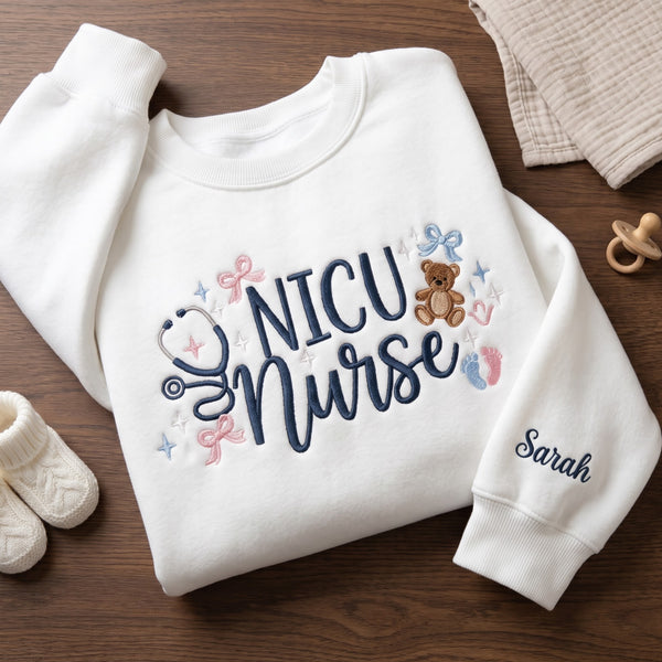 Personalized NICU Nurse Teddy Bear Stethoscope Bows Baby Feet Stars embroidered sweatshirt — front view