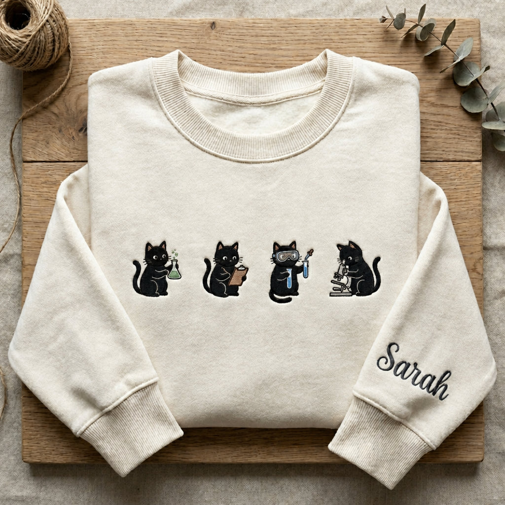 Personalized Science Cat Lab Researcher Microscope Beaker embroidered sweatshirt — front view