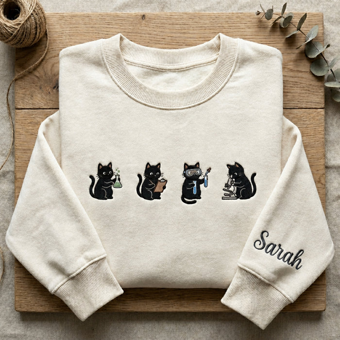 Personalized Science Cat Lab Researcher Microscope Beaker Embroidered Sweatshirt