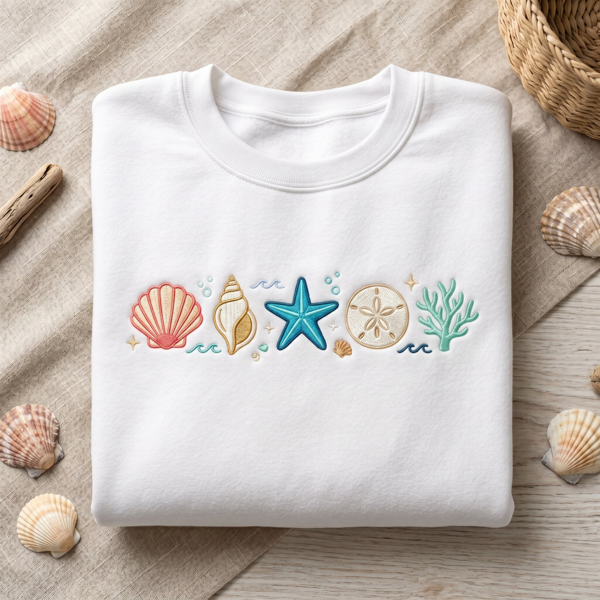 Beach Seashell Starfish Sand Dollar Coral Ocean Summer embroidered sweatshirt — front view