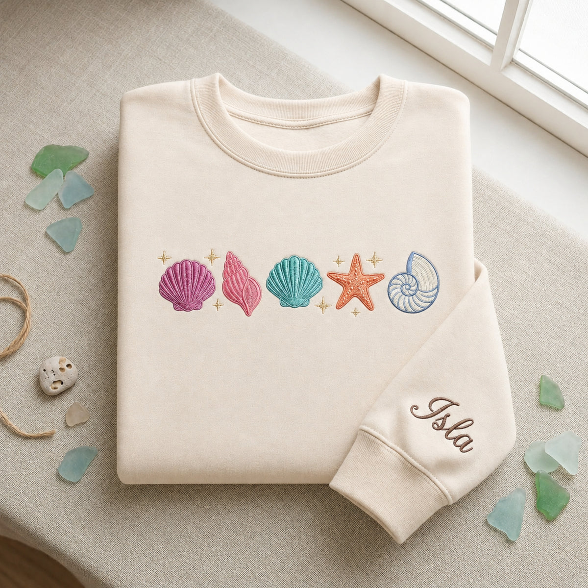 Personalized Colorful Seashells Starfish Nautilus Beach Ocean embroidered sweatshirt — front view