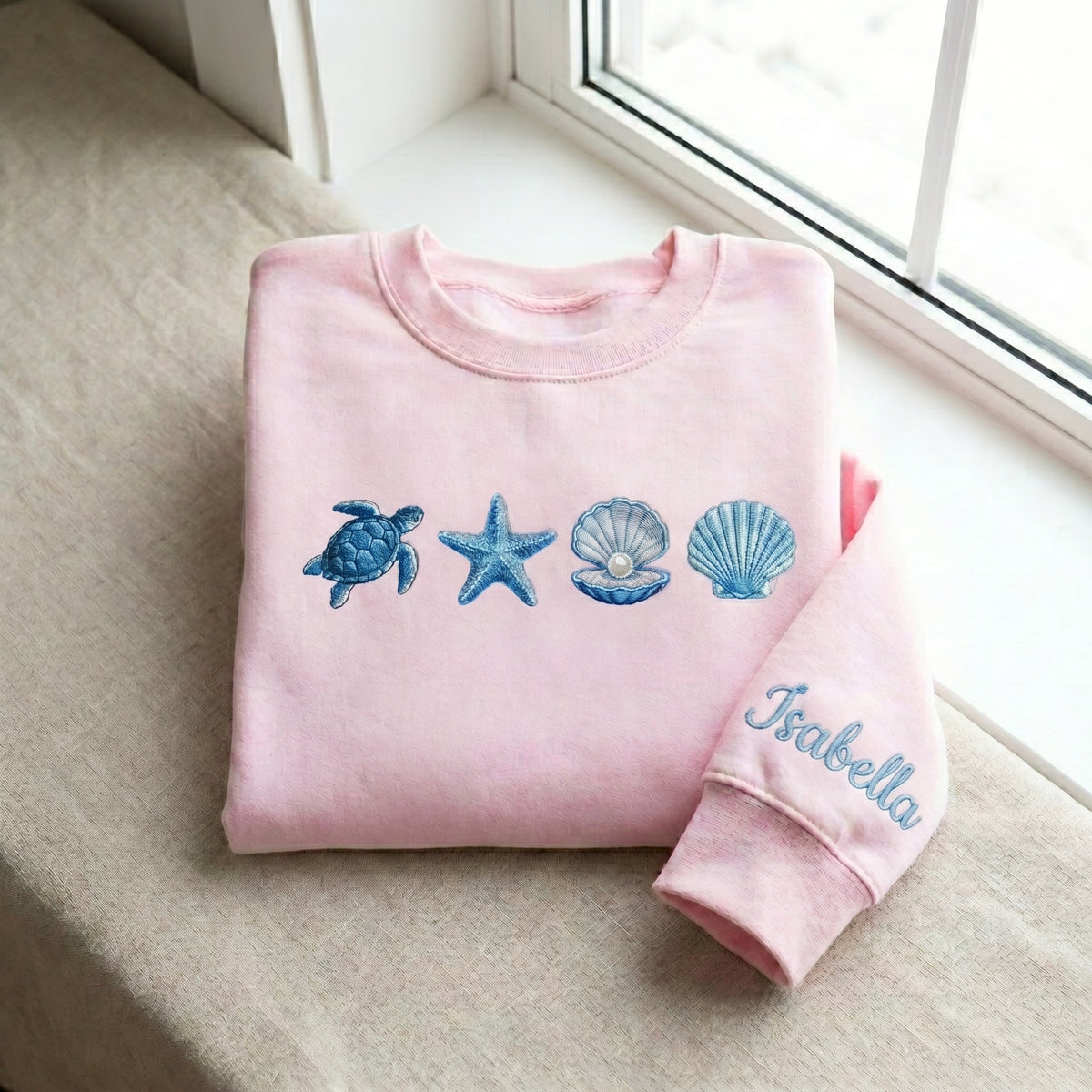 Personalized Sea Turtle Starfish Seashell Pearl Ocean Beach embroidered sweatshirt — front view