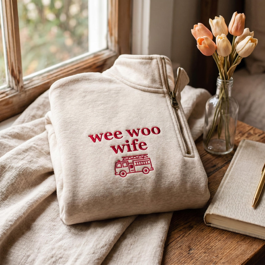 Wee Woo Wife Fire Truck Firefighter embroidered sweatshirt — front view
