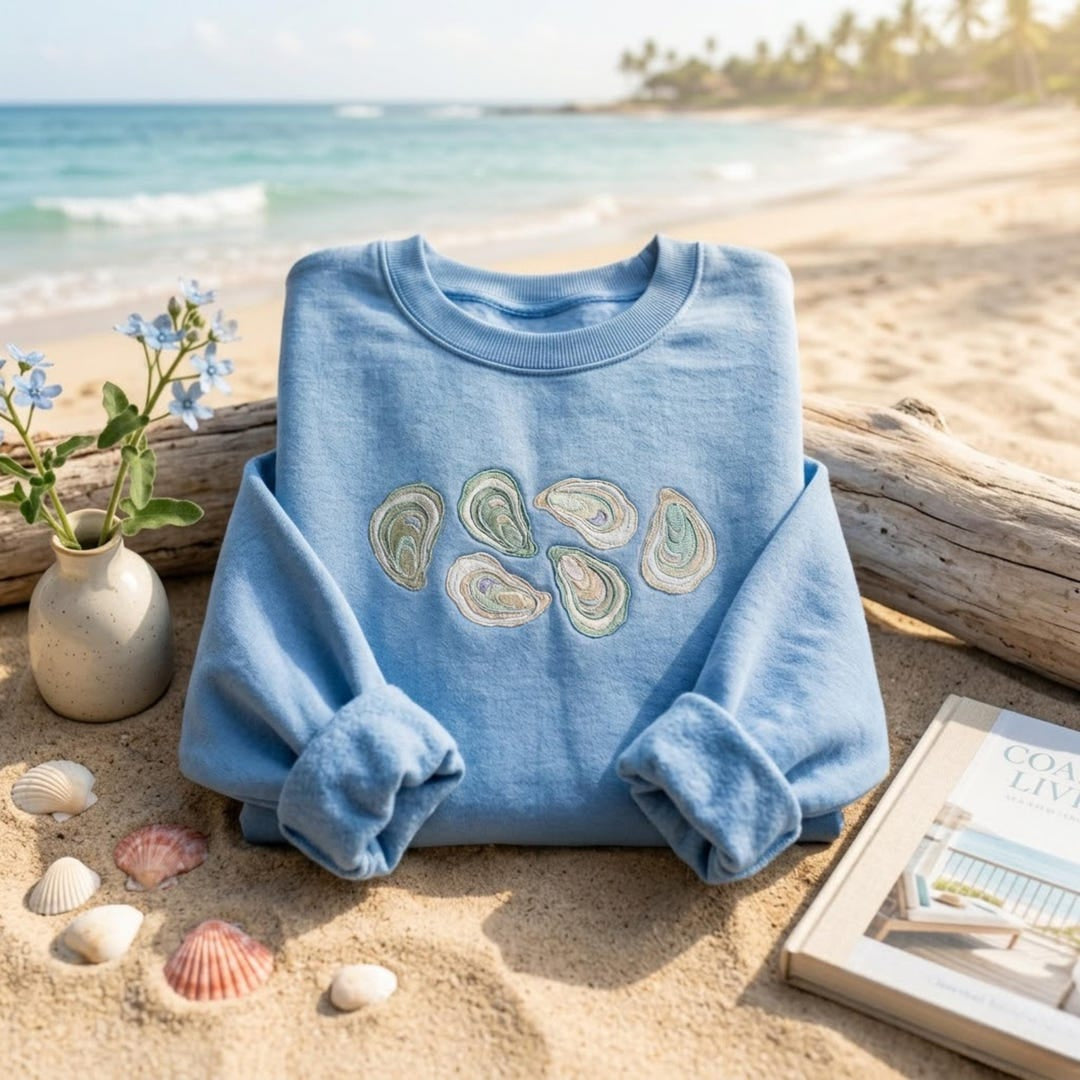 Coastal Oyster Shells Beach Ocean embroidered sweatshirt — front view