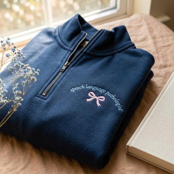Speech Language Pathologist Coquette Pink Bow Embroidered Quarter-Zip